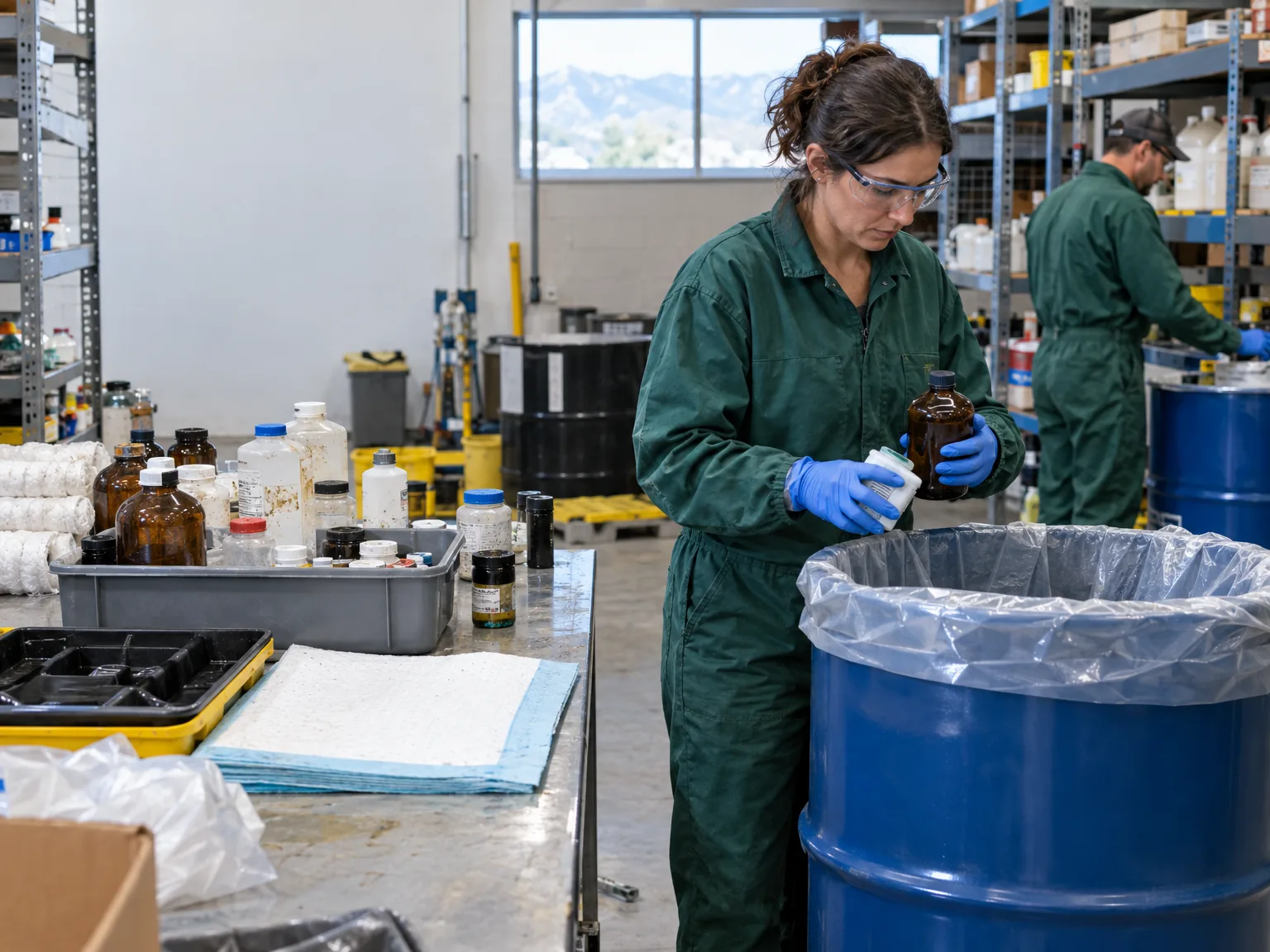 Environmental technician sorting chemical containers into a lined drum during a lab-pack waste cleanup